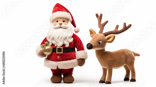 Santa Claus together with his reindeer plush toy isolated on white background,  Xmas deer and Santa soft baby toys. © BackgroundHolic