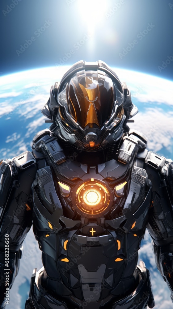 Fototapeta premium Infinite black outer space. an astronaut in a futuristic space suit with the earth in the background