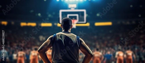 Seen from behind, the athlete will put the basketball into the basketball hoop photo