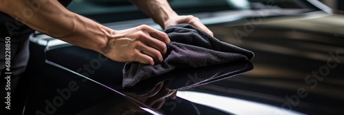 The man holds the microfiber in hand and polishes the car