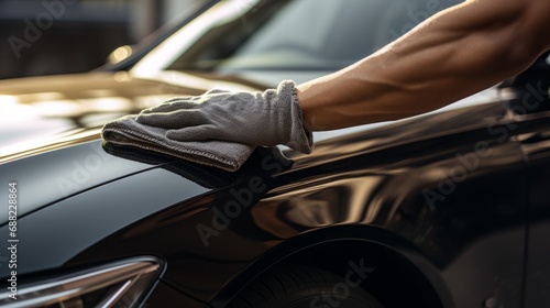 The man holds the microfiber in hand and polishes the car © David