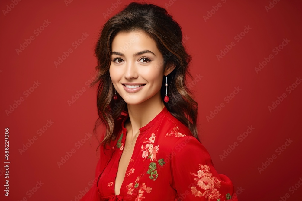 Young european woman smiling, wearing cheongsam, one color background, copy space. generative ai Young european woman smiling, wearing cheongsam, one color background, copy space. generative ai