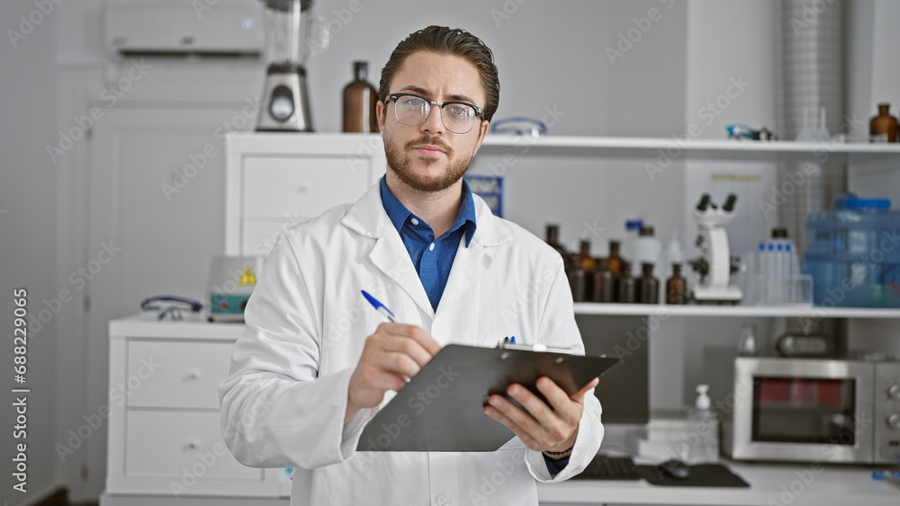 Young hispanic man scientist writing report standing at laboratory Young hispanic man scientist writing report standing at laboratory