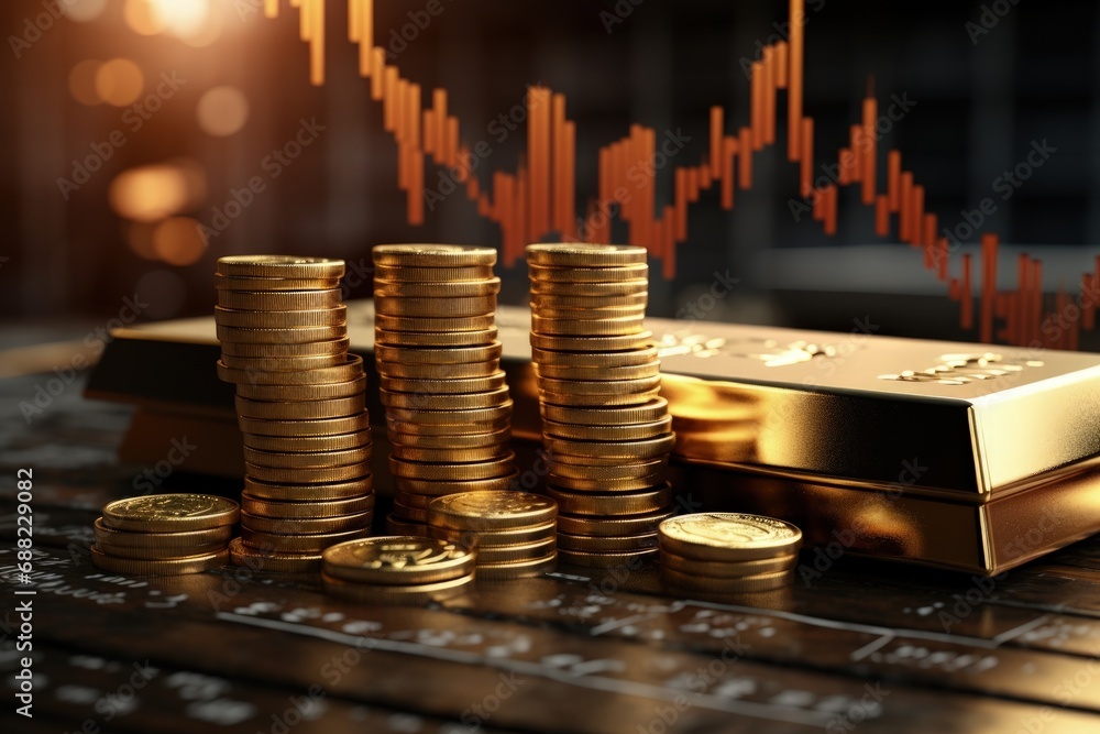 Stacked gold bars, golden coins, stock exchange ambiance, and dynamic stock charts a visual narrative of wealth, finance, and market trends Stacked gold bars, golden coins, stock exchange ambiance, and dynamic stock charts a visual narrative of wealth, finance, and market trends