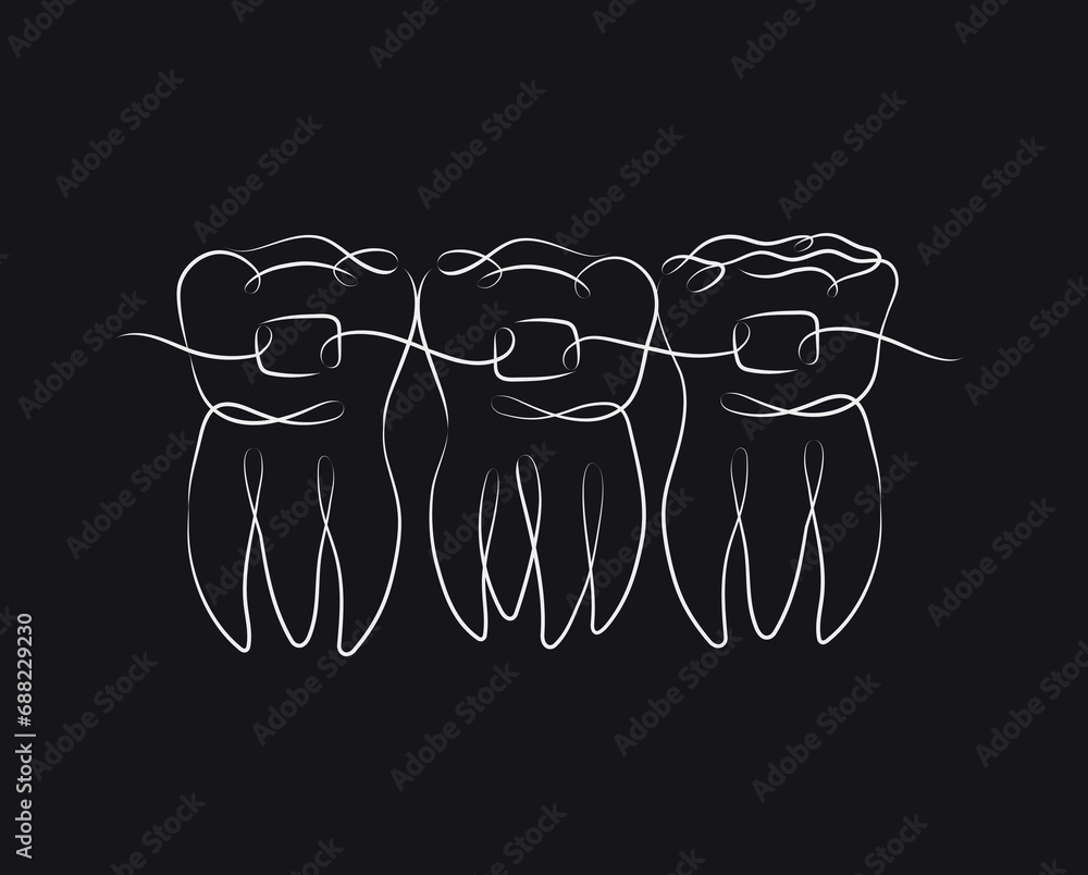Teeth with braces illustration drawing in linear style on black background