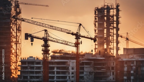 Industrial construction site with cranes and building silhouettes at sunset