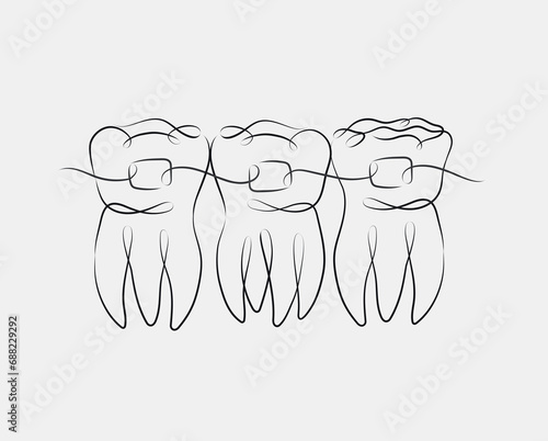 Obraz na płótnie Teeth with braces illustration drawing in linear style on white background w salonie