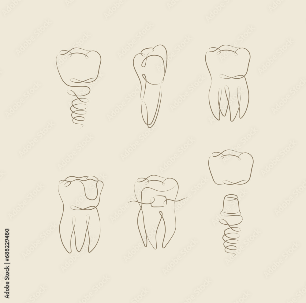 Teeth collection implant, braces, tooth crown, dental seal drawing in linear style on beige background