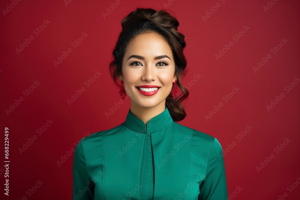Young european woman smiling, wearing cheongsam, one color background, copy space. generative ai Young european woman smiling, wearing cheongsam, one color background, copy space. generative ai