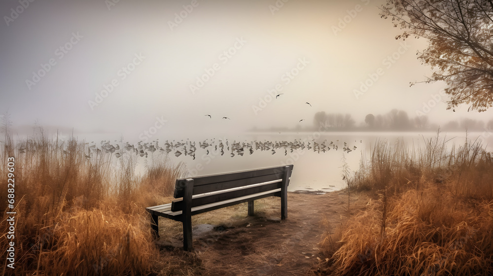 Serene Lakeside Morning with Frosty Bench and Migratory Birds Reflection AI-Generativ