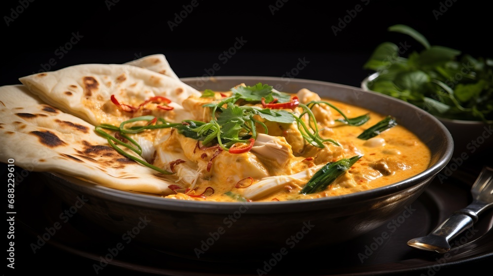 Close-up food photography of The absolutely Creamy and nutty panang curry served with crispy roti on a side Close-up food photography of The absolutely Creamy and nutty panang curry served with crispy roti on a side