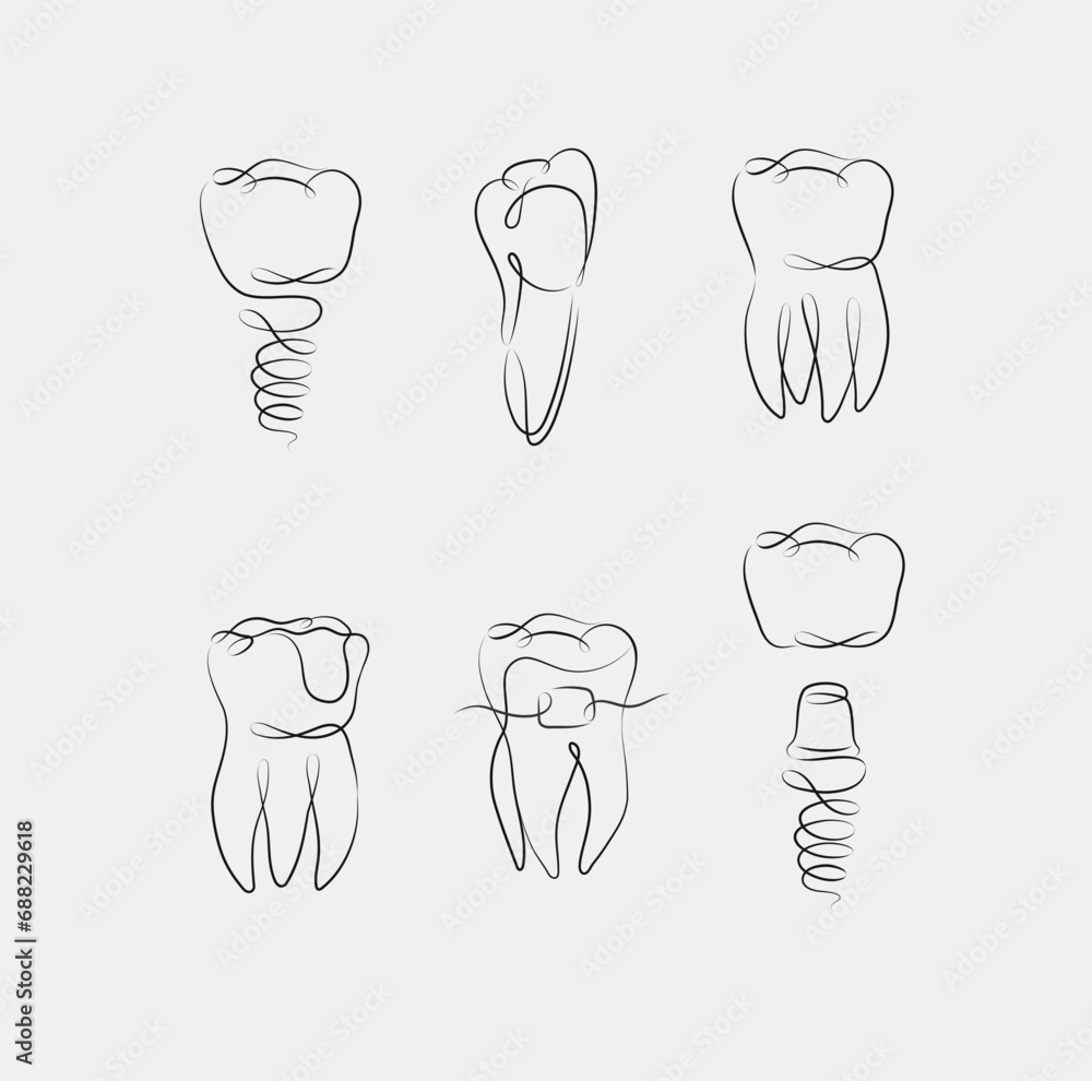 Teeth collection implant, braces, tooth crown, dental seal drawing in linear style on white background