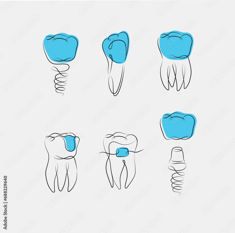 Teeth collection implant, braces, tooth crown, dental seal drawing in linear style on white and blue background
