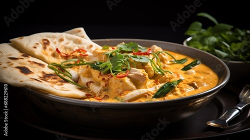 Close-up food photography of The absolutely Creamy and nutty panang curry served with crispy roti on a side