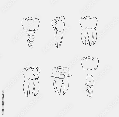 Teeth collection implant, braces, tooth crown, dental seal drawing in linear style on white background