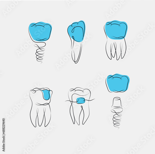 Obraz na płótnie Teeth collection implant, braces, tooth crown, dental seal drawing in linear style on white and blue background w salonie