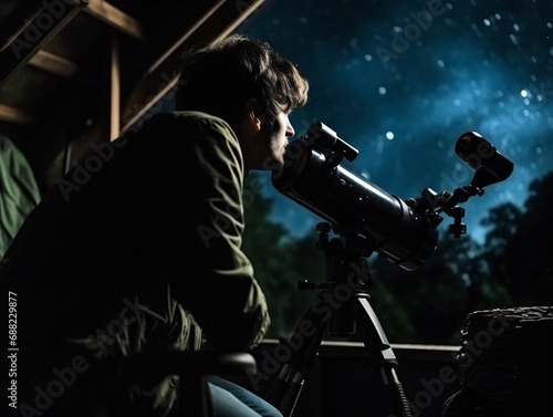 Astronomer intently observes the vast night sky through a telescope, seeking distant celestial wonders. © Szalai