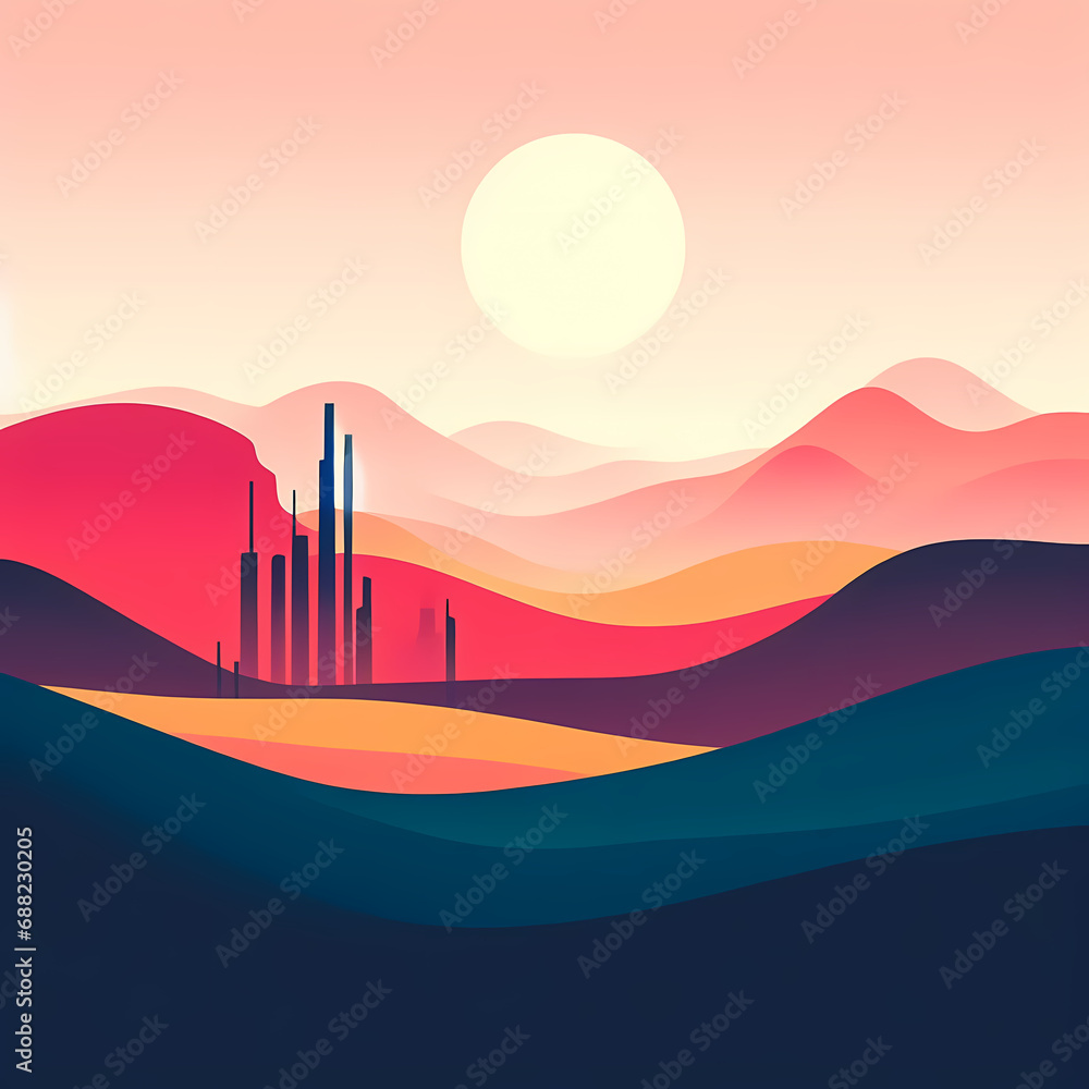 Abstract minimalistic sunset over hills in the mountains