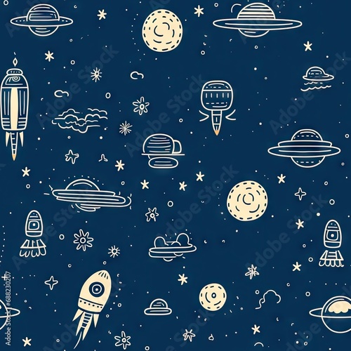 seamless pattern with rockets, space, stars. Print for fabric. Design for boys.