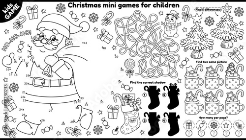 Vector Christmas games placement for children. Outline set with Santa running with a bag of gifts, Xmas tree, New Year sock. Coloring. Kids activity mat. Maze, connect the dots, find the differences.