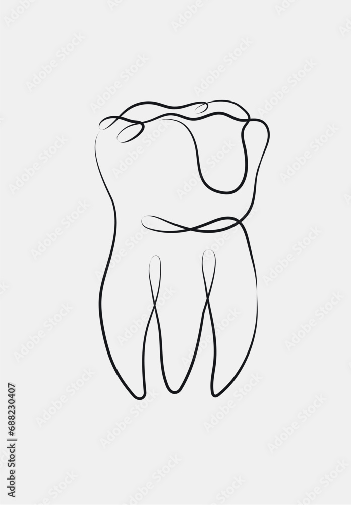Tooth with dental filling in linear style drawing on white background