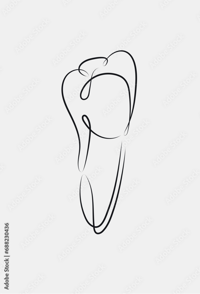 Healthy tooth in linear style drawing on white background