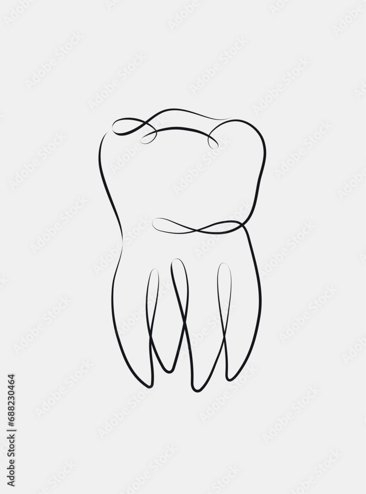 Chewing tooth in linear style drawing on white background