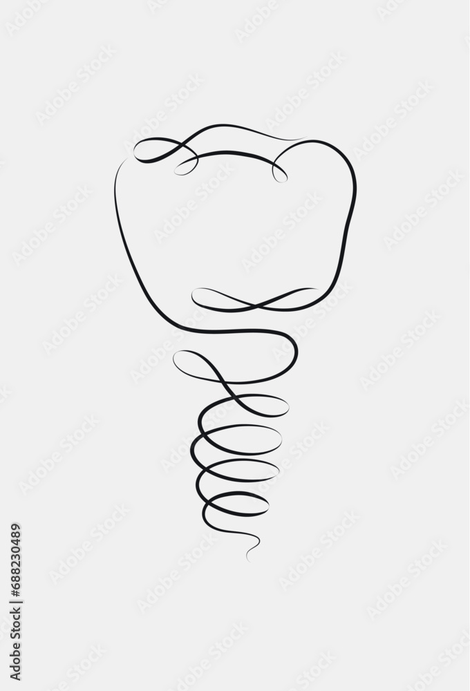 Docked implant and dental crown in linear style drawing on white background Docked implant and dental crown in linear style drawing on white background