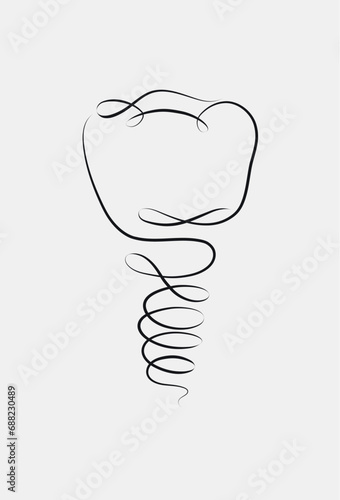 Docked implant and dental crown in linear style drawing on white background