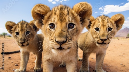 A group of young small teenage lions curiously looking straight into the camera in the desert, ultra wide lens