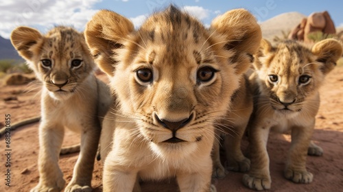 A group of young small teenage lions curiously looking straight into the camera in the desert, ultra wide lens