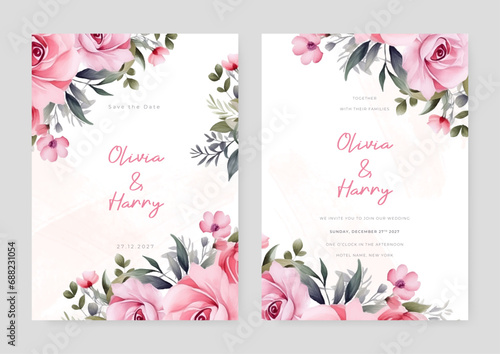 Pink rose vector wedding invitation card set template with flowers and leaves watercolor