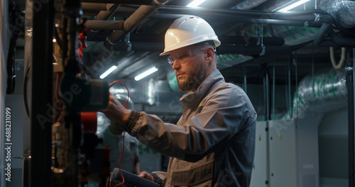 Male heavy industry worker wearing safety uniform, protective glasses and hard hat check pipes using professional equipment. Engineer maintains modern manufacturing factory or industrial facility.