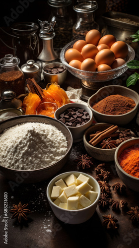  A variety of baking essentials including eggs  flour  and spices  set against a dark backdrop  ready for a baking adventure.