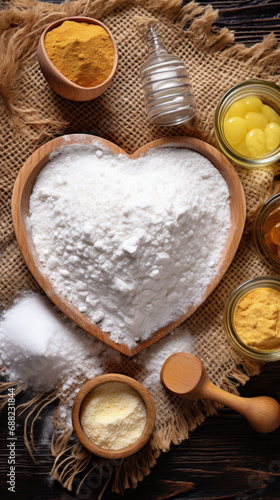 Heart-shaped flour on a wooden background, ingredients for baking with love, an invitation to culinary creativity. 