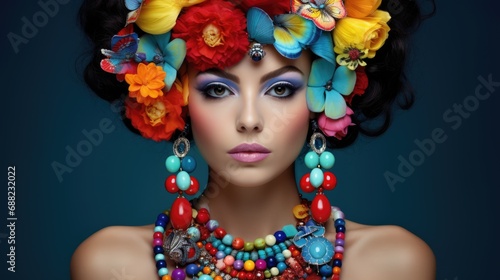 Colorful fashion portrait. Beautiful woman with lots of jewelry © brillianata