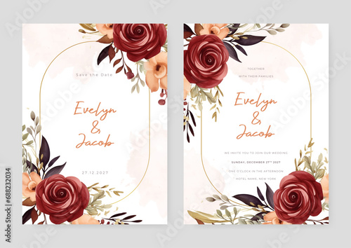 Peach and red rose and poppy modern wedding invitation template with floral and flower