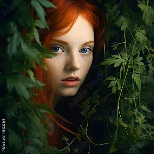 A mysterious red haired woman looking through lush jungle greenery