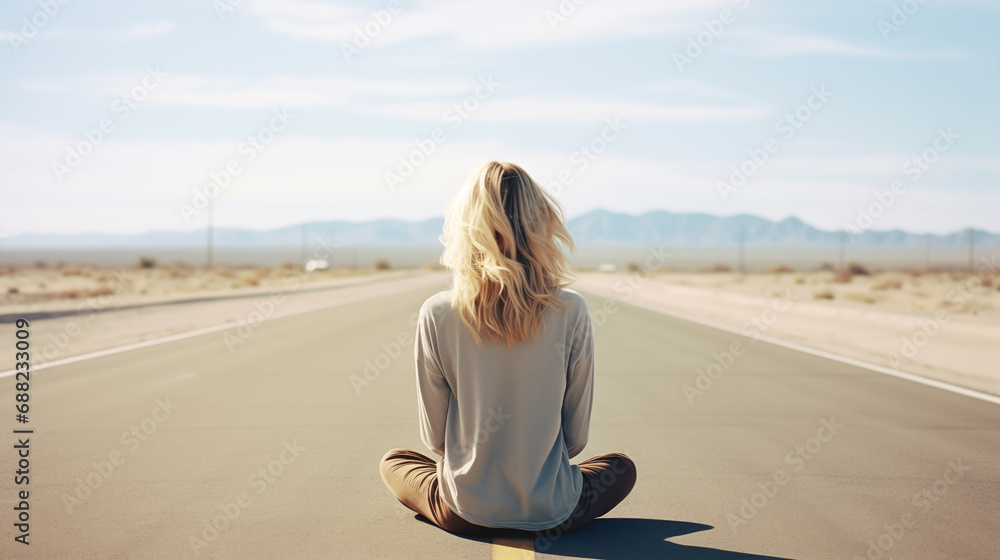 Woman sitting on an empty road. Search for the way. Blond hair beautiful girl in meditation. Harmony with nature. Balance and freedom. Enjoy the moment, relax lifestyle. Adventure. Generated AI