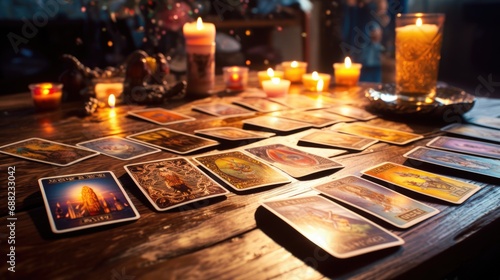A pile of tarot cards lie on the table photo