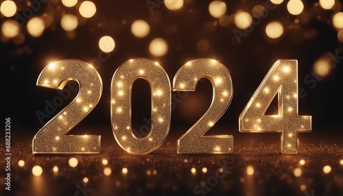Happy New Year 2024 background. Golden numbers on the bokeh background.
