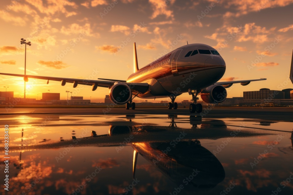 Airplane at the airport on the runway. Background with selective focus and copy space Airplane at the airport on the runway. Background with selective focus and copy space
