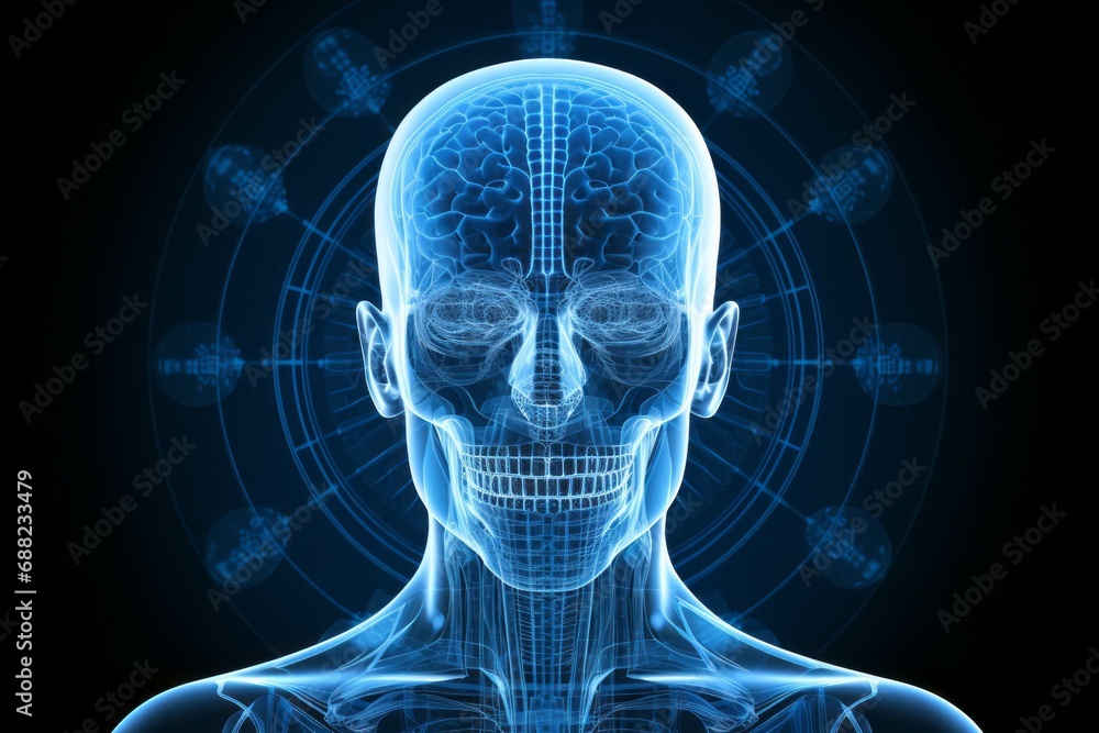 Skull hologram study in science. Background with selective focus and copy space Skull hologram study in science. Background with selective focus and copy space