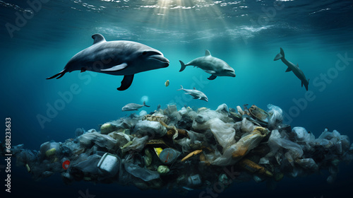 Environmental issues awareness with a focus on ocean conservation, showcasing marine life and pollution © Saran