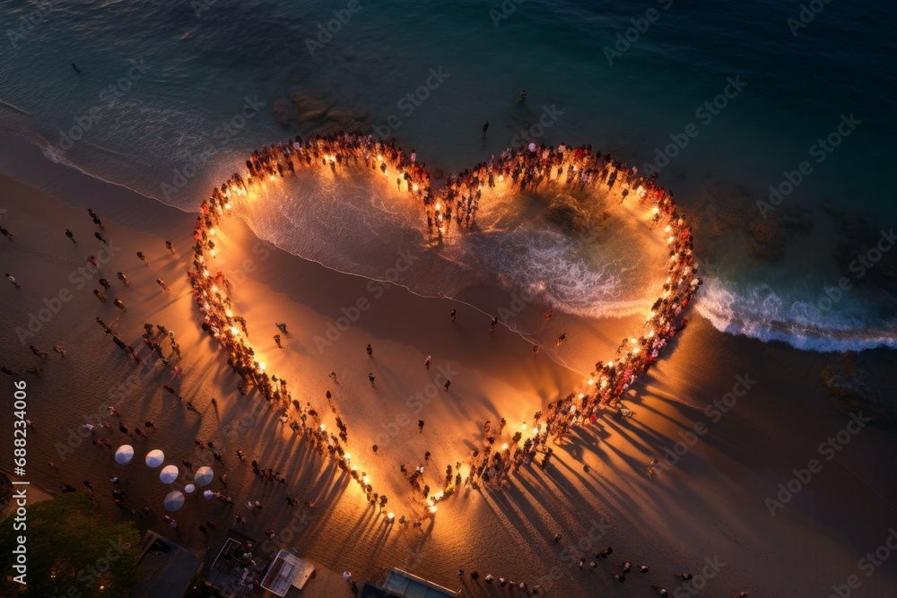 Crowd of people on the beach in the shape of a heart. Background with selective focus and copy space - obrazy, fototapety, plakaty 