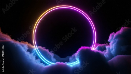 Abstract cloud illuminated with neon light ring on dark night sky. 