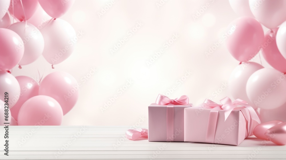 Empty white wooden table in the foreground. Blurred background with pink gifts