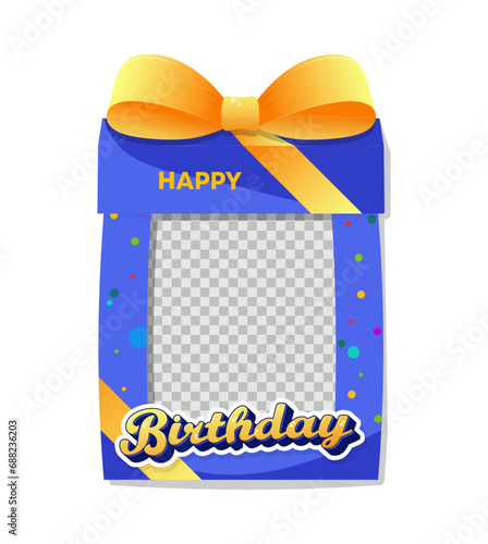 Happy Birthday.Photo frame in blue color in the form of a gift box with a yellow bow and bright confetti in cartoon style.Modern flat design template for photobooth,card,invitation.Vector illustration
