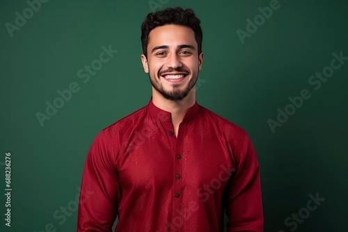 beautiful Young arab man smiling  wearing cheongsam  one color background  copy space  generative ai