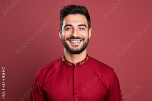 beautiful Young arab man smiling, wearing cheongsam, one color background, copy space, generative ai © Nia™
